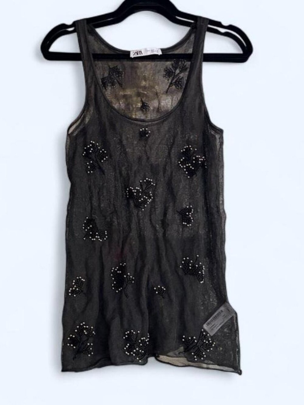 Zara Black sheer black tank top with metallic thread and black beading on front